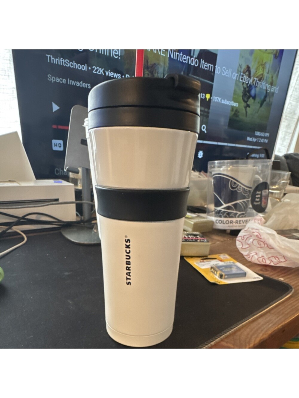 Starbucks White Black Plastic Insulated Tumbler 16oz Slide Lock Lid